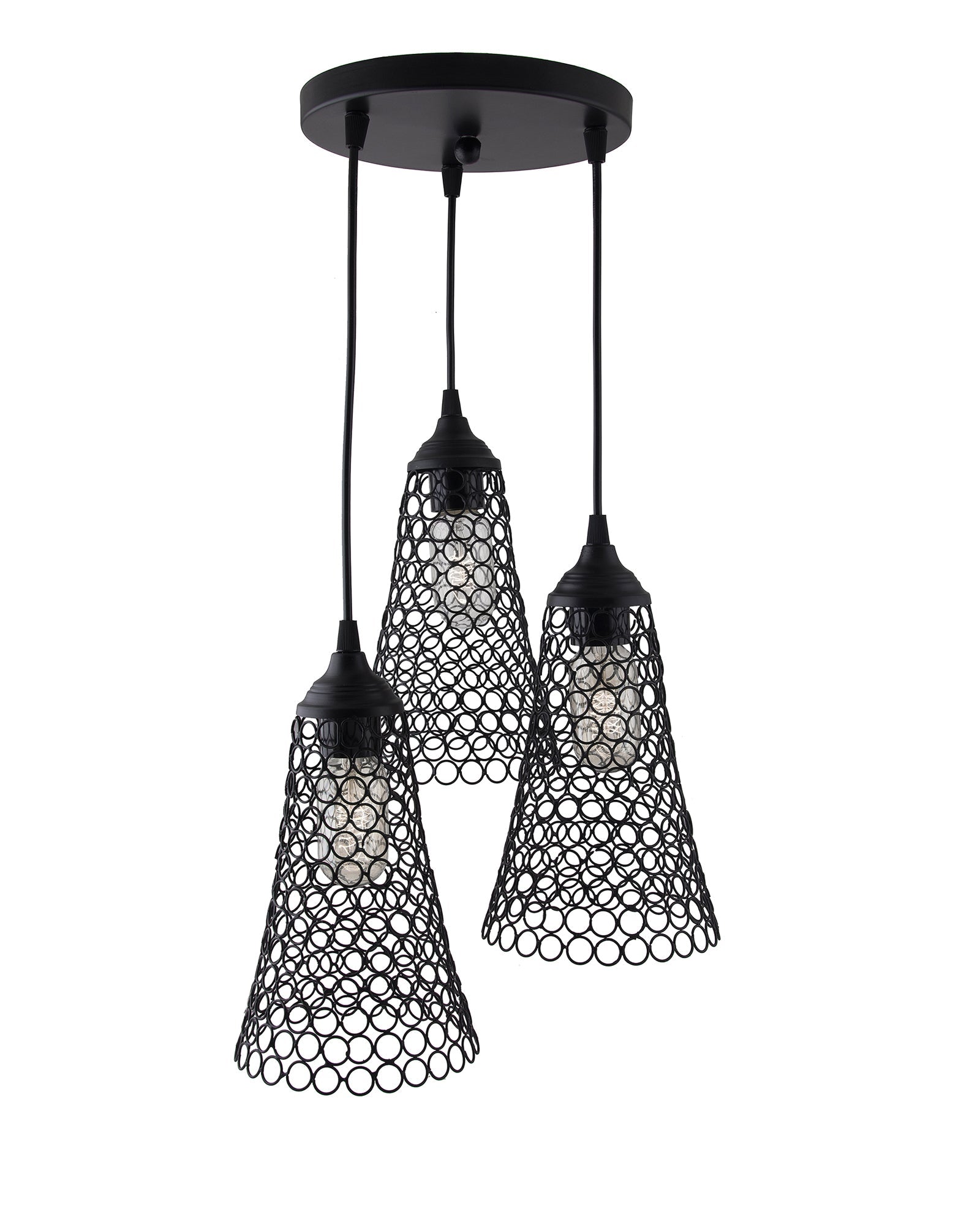 3-lights Round Cluster Chandelier Cone Hanging Pendant Light with Braided Cord