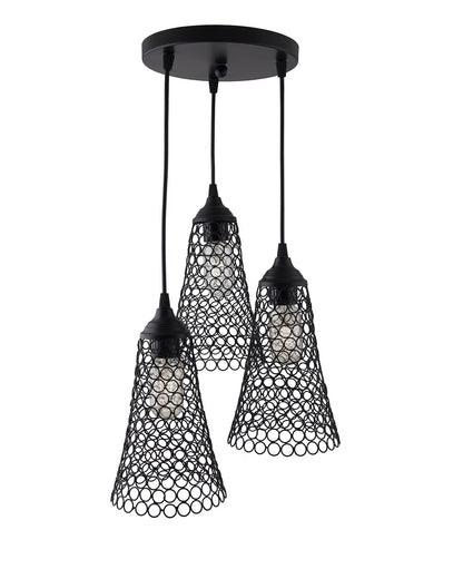 3-lights Round Cluster Chandelier Cone Hanging Pendant Light with Braided Cord