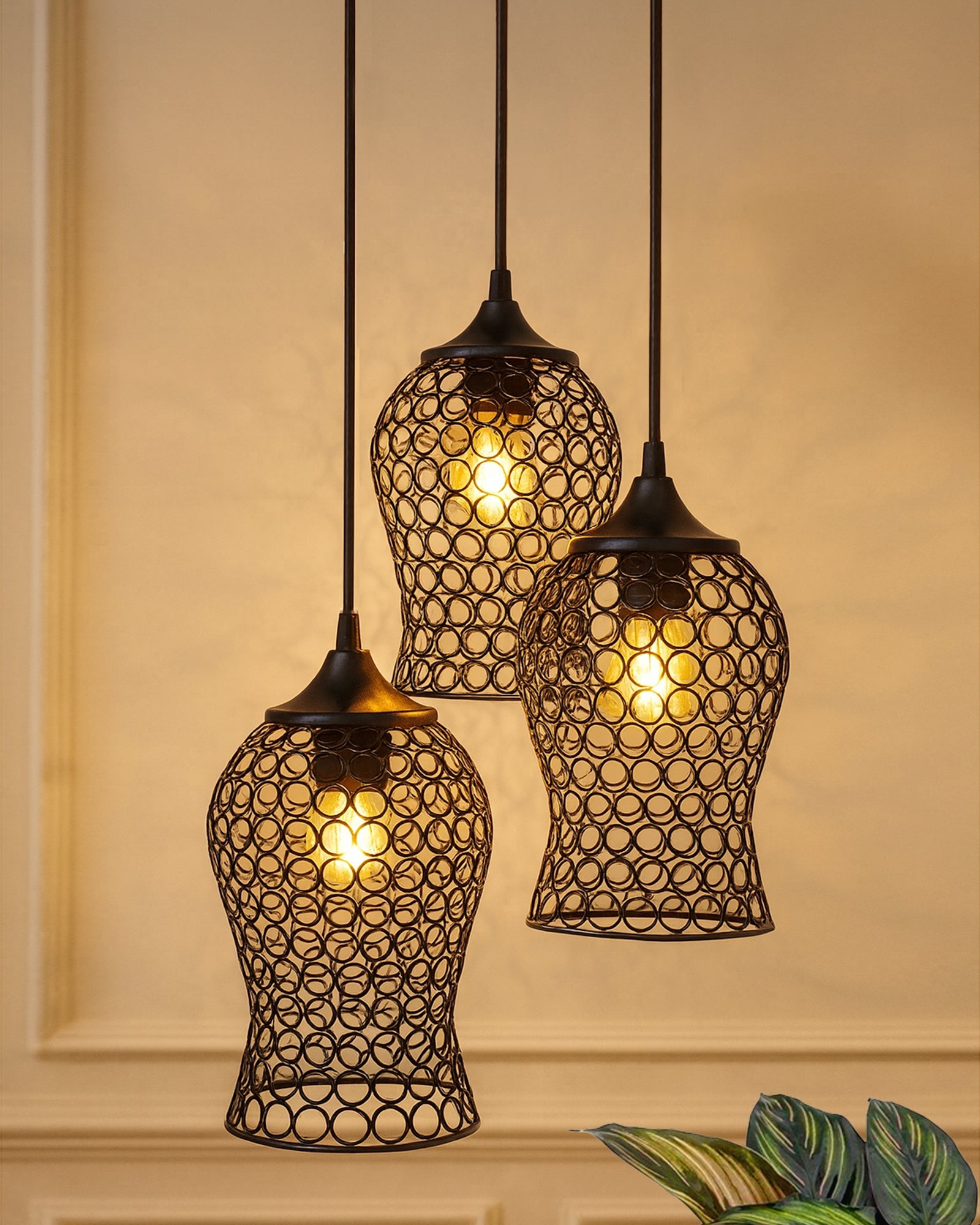 3-lights Round Cluster Chandelier Black Chimney Hanging Pendant Light with Braided Cord