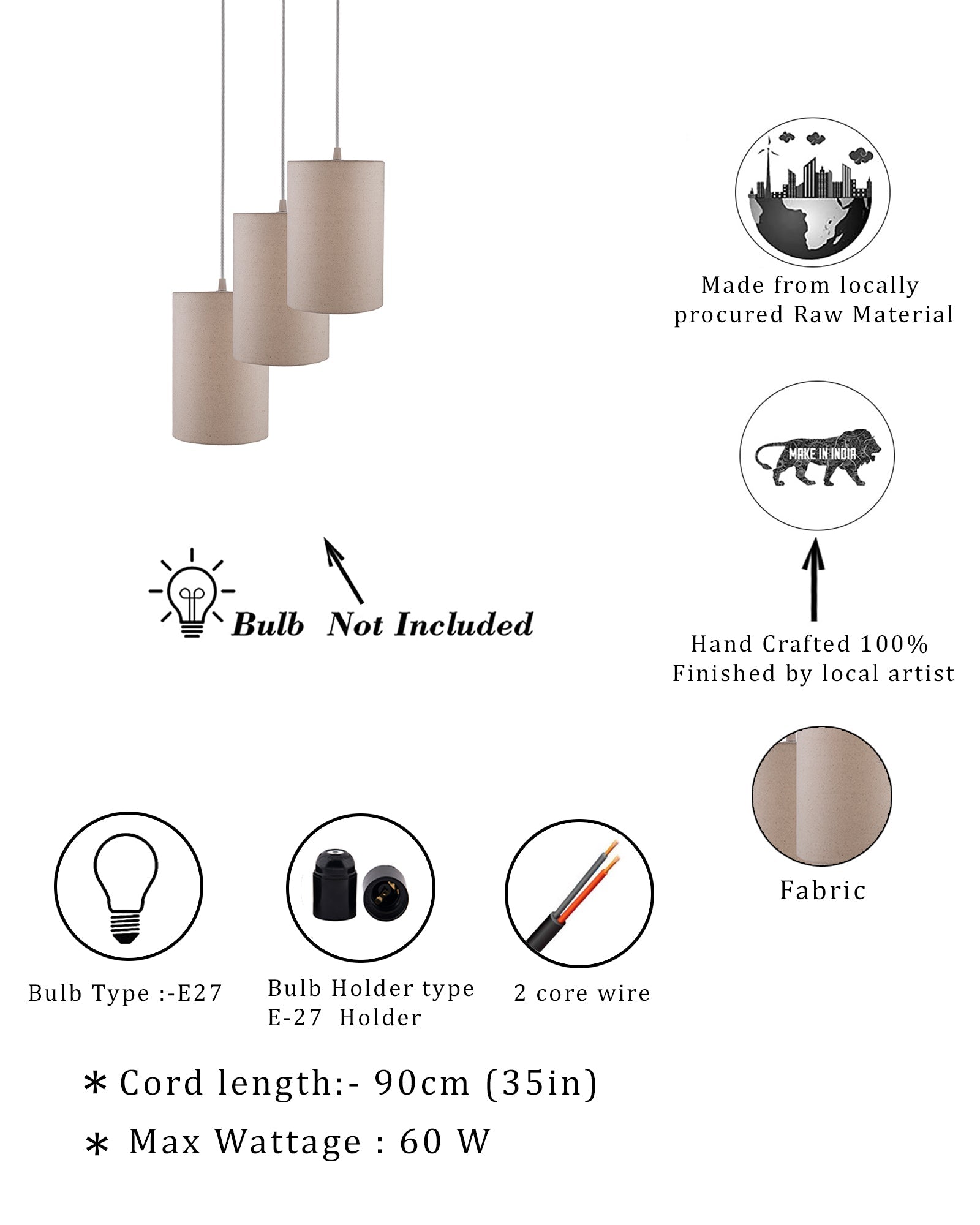 3-lights Round Cluster Chandelier shade Hanging Pendant Light with Braided Cord