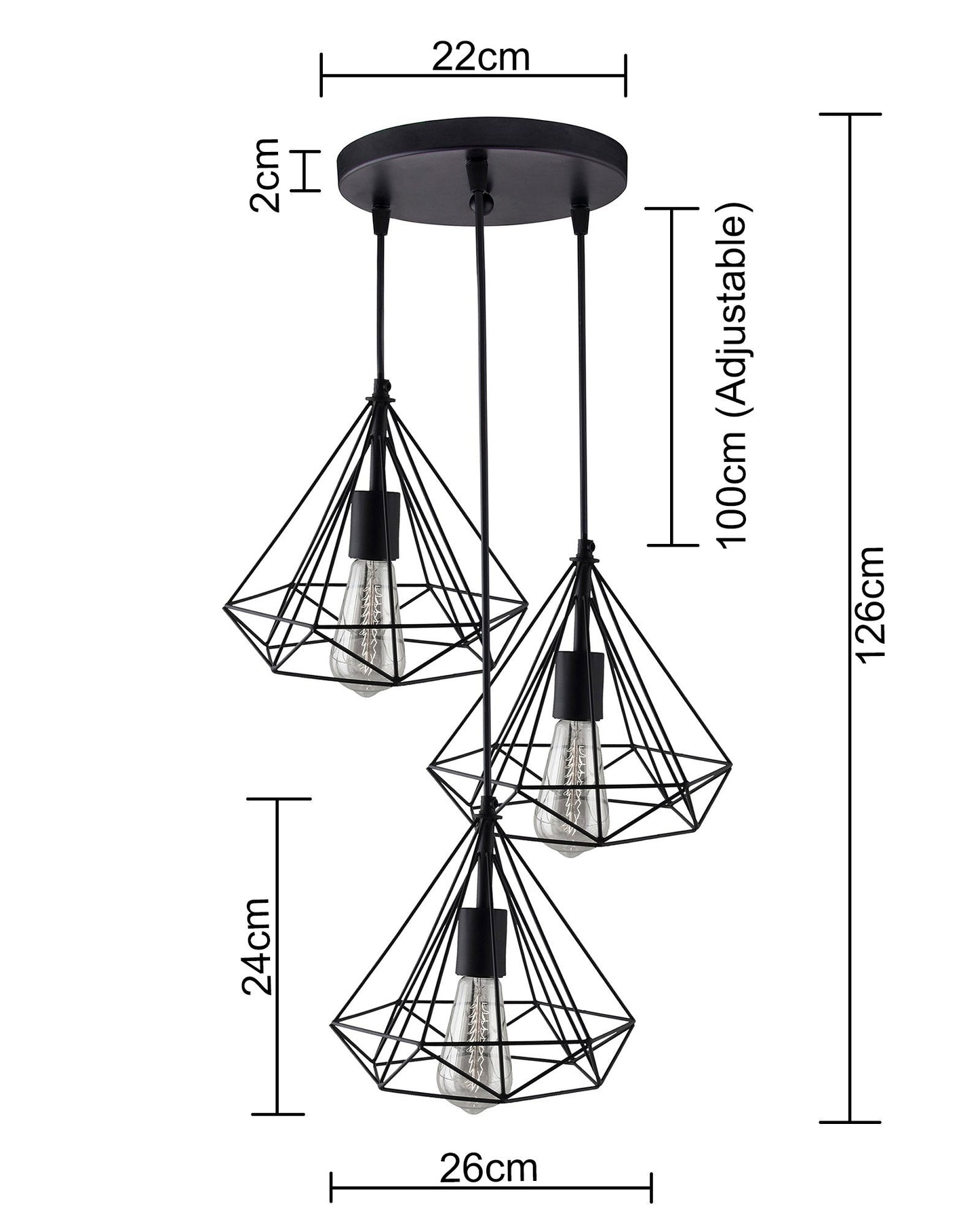 3-lights Cluster Chandelier Black Diamond Hanging Pendant Light with Black Cord