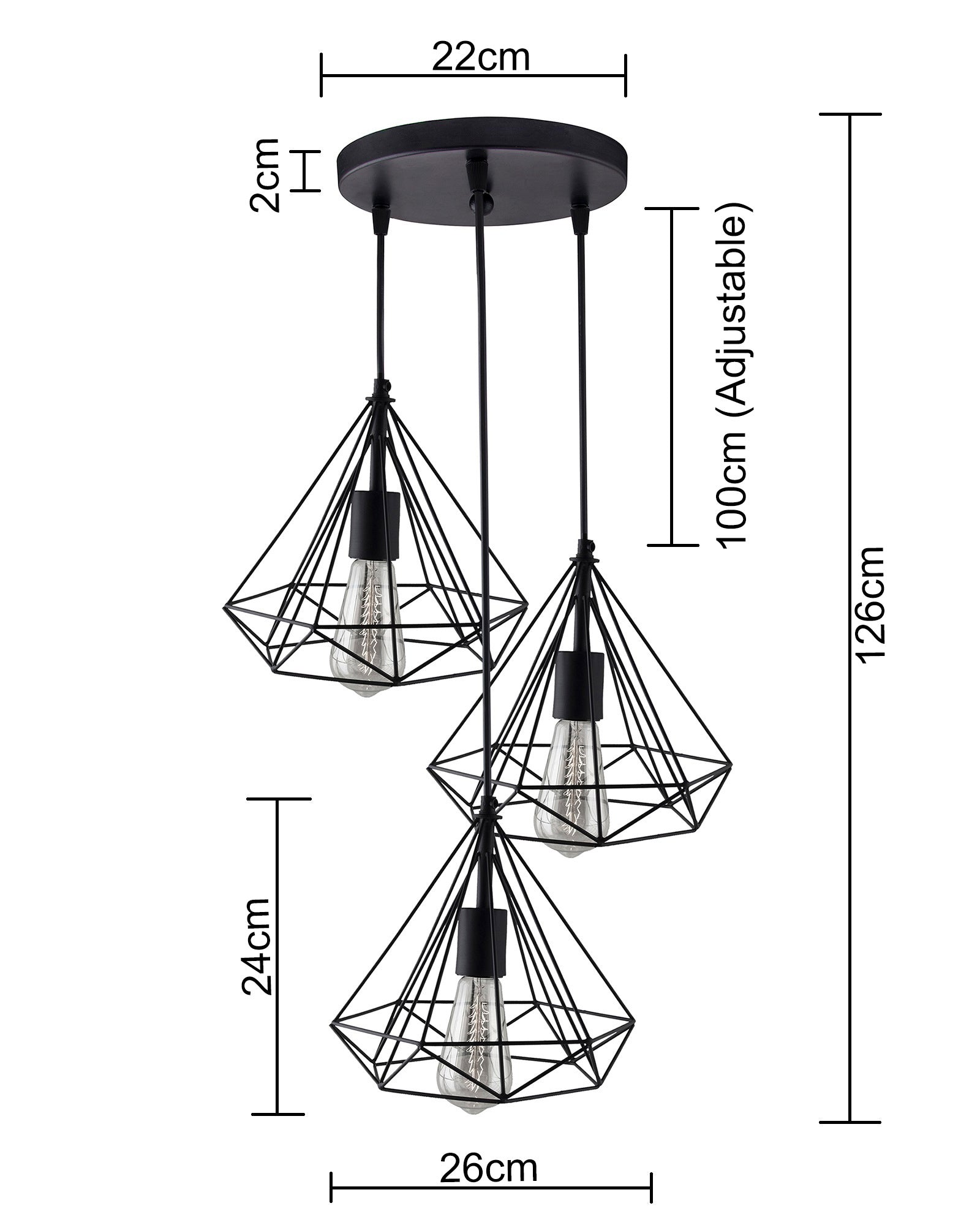 3-lights Cluster Chandelier Black Diamond Hanging Pendant Light with Black Cord