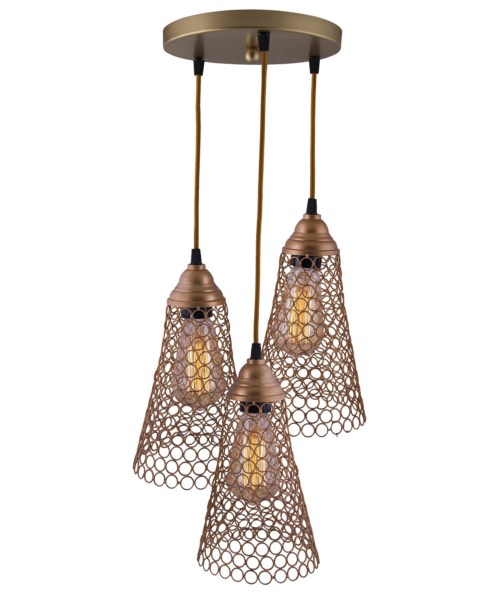 3-lights Round Cluster Chandelier Cone Hanging Pendant Light with Braided Cord