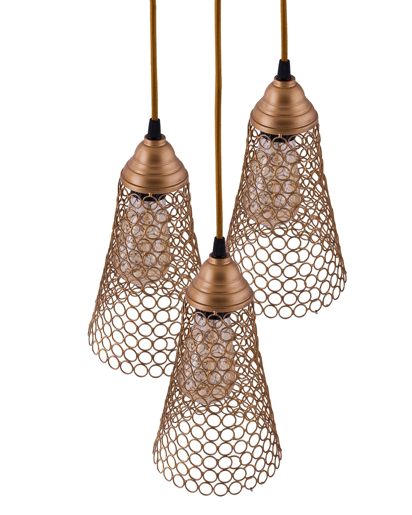 3-lights Round Cluster Chandelier Cone Hanging Pendant Light with Braided Cord