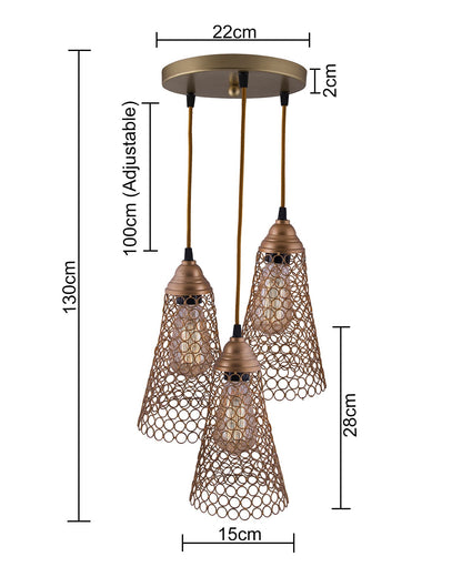 3-lights Round Cluster Chandelier Cone Hanging Pendant Light with Braided Cord