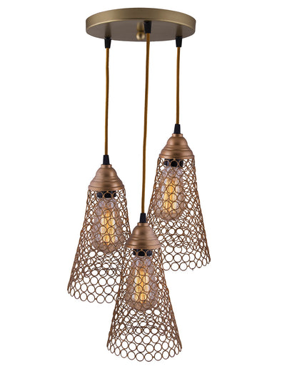 3-lights Round Cluster Chandelier Cone Hanging Pendant Light with Braided Cord