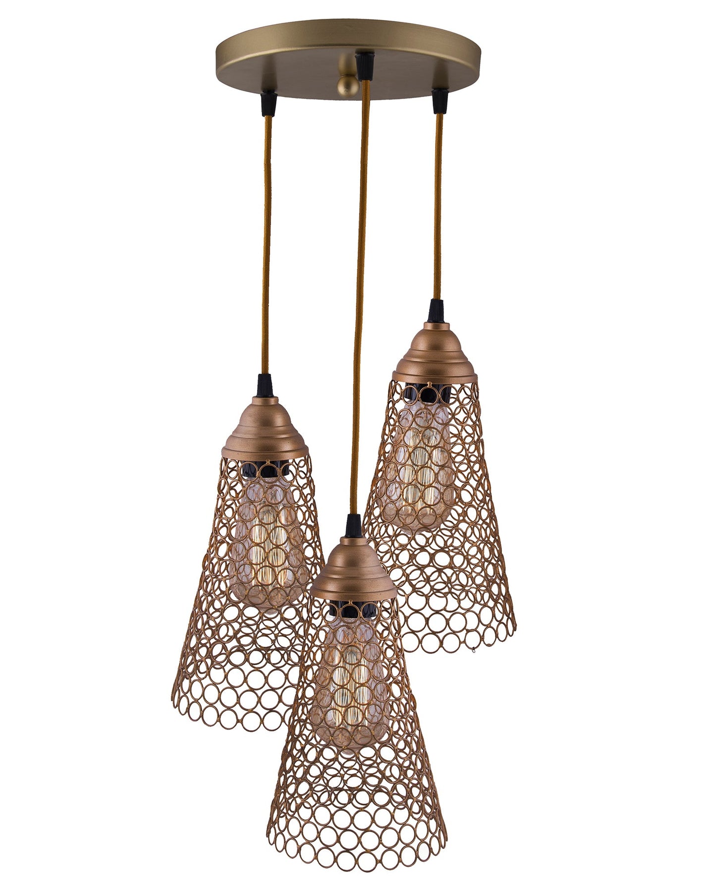 3-lights Round Cluster Chandelier Cone Hanging Pendant Light with Braided Cord