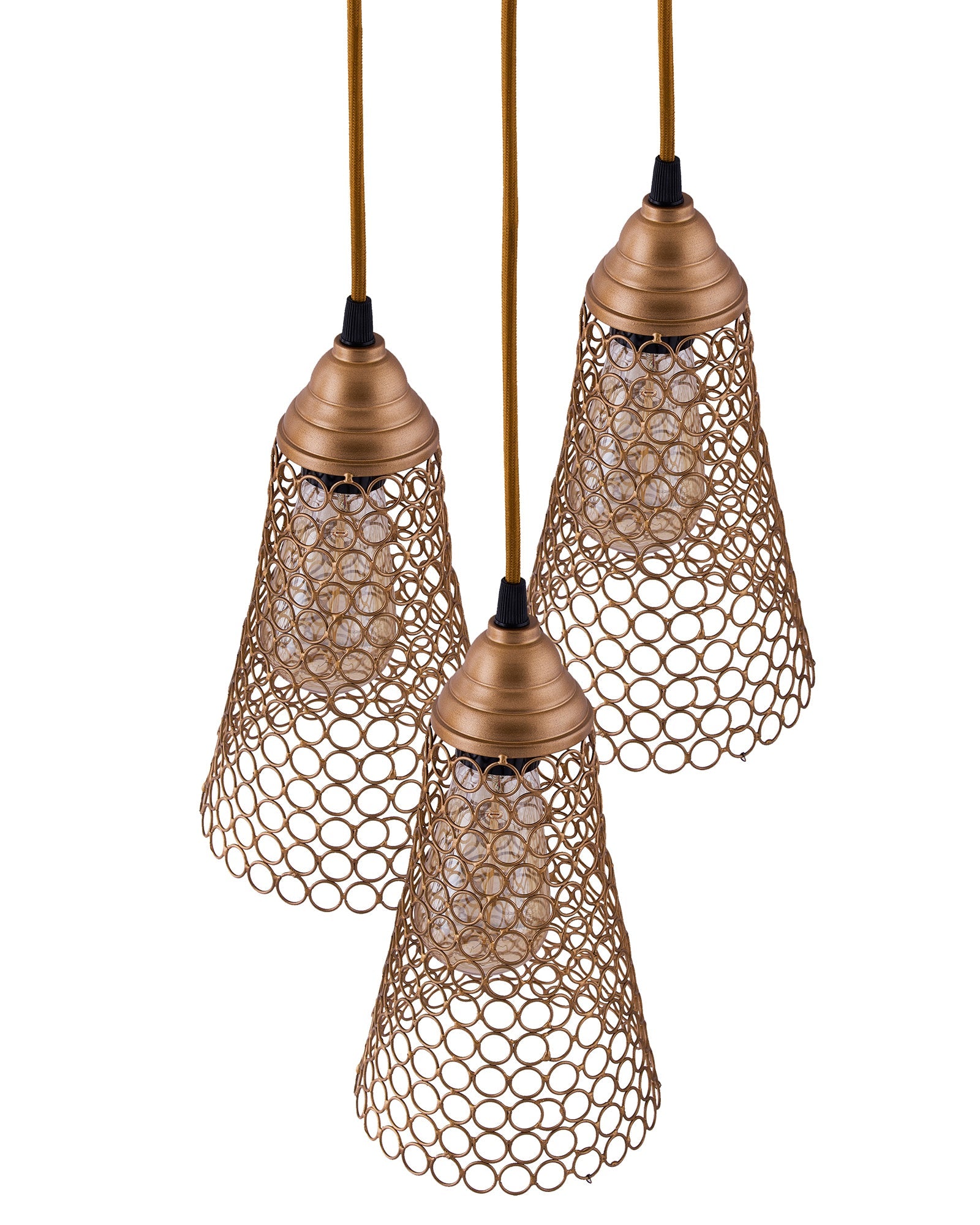 3-lights Round Cluster Chandelier Cone Hanging Pendant Light with Braided Cord