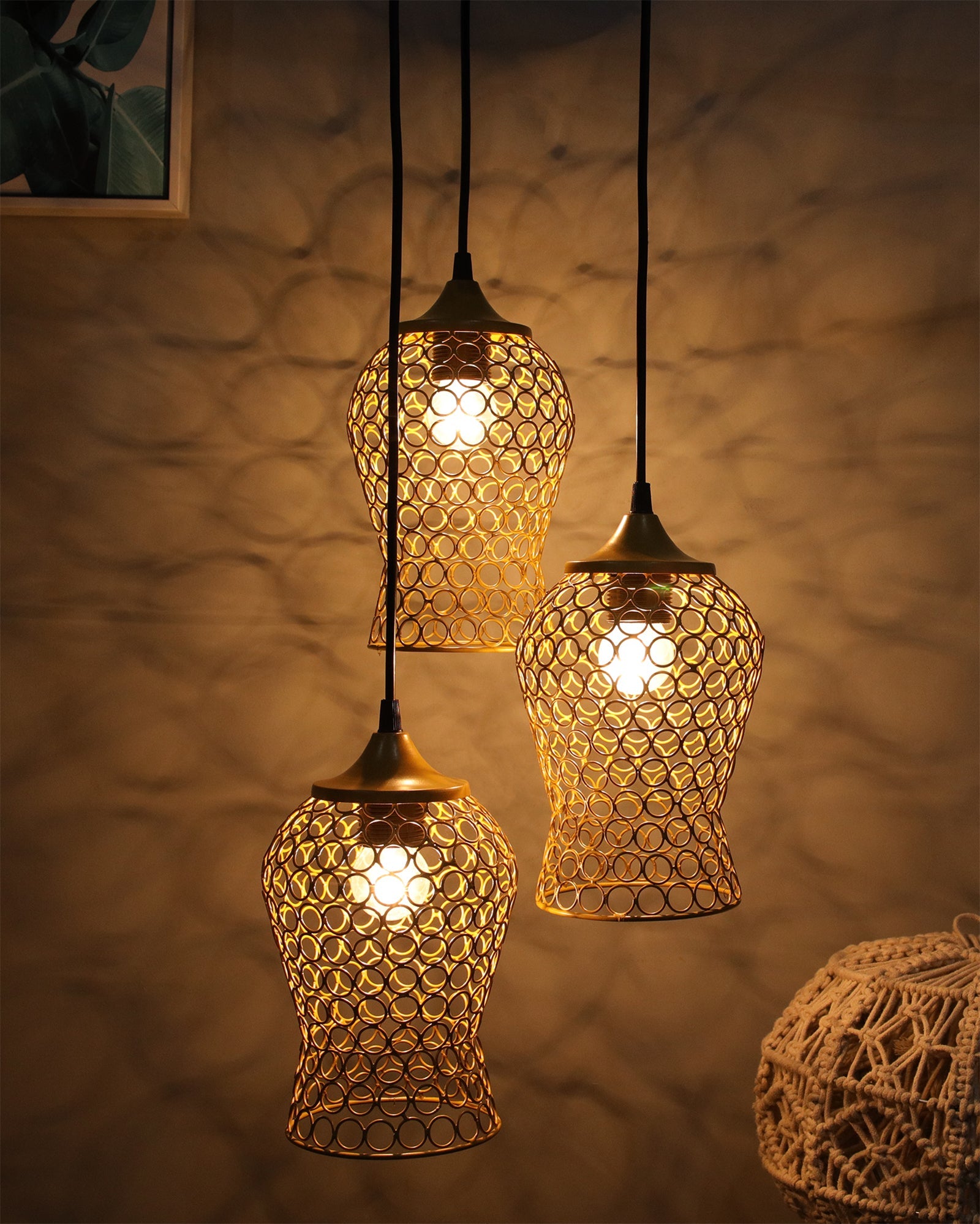 3-lights Round Cluster Chandelier Black Chimney Hanging Pendant Light with Braided Cord