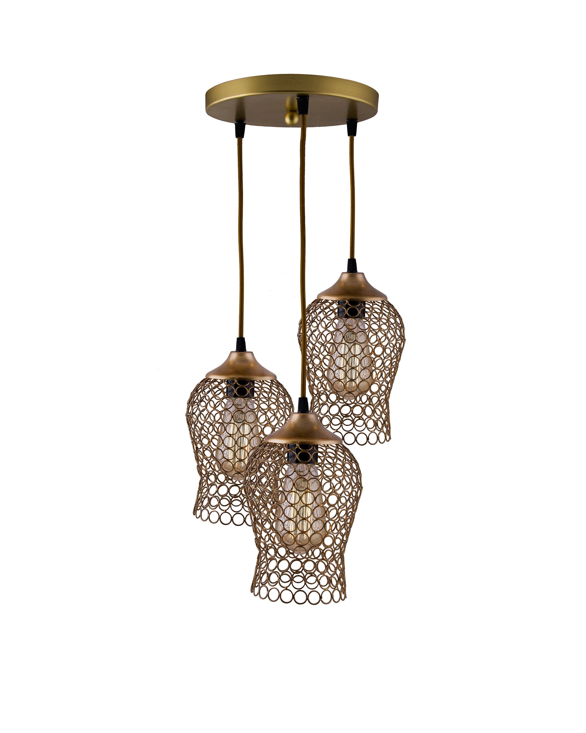 3-lights Round Cluster Chandelier Black Chimney Hanging Pendant Light with Braided Cord