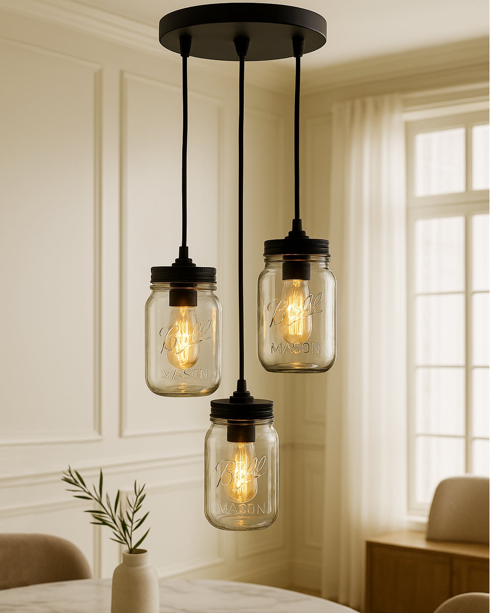 3-lights Cluster Chandelier Black Mason Jar Hanging Pendant Light with Braided Cord