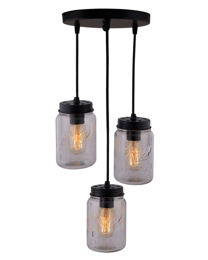 3-lights Cluster Chandelier Black Mason Jar Hanging Pendant Light with Braided Cord