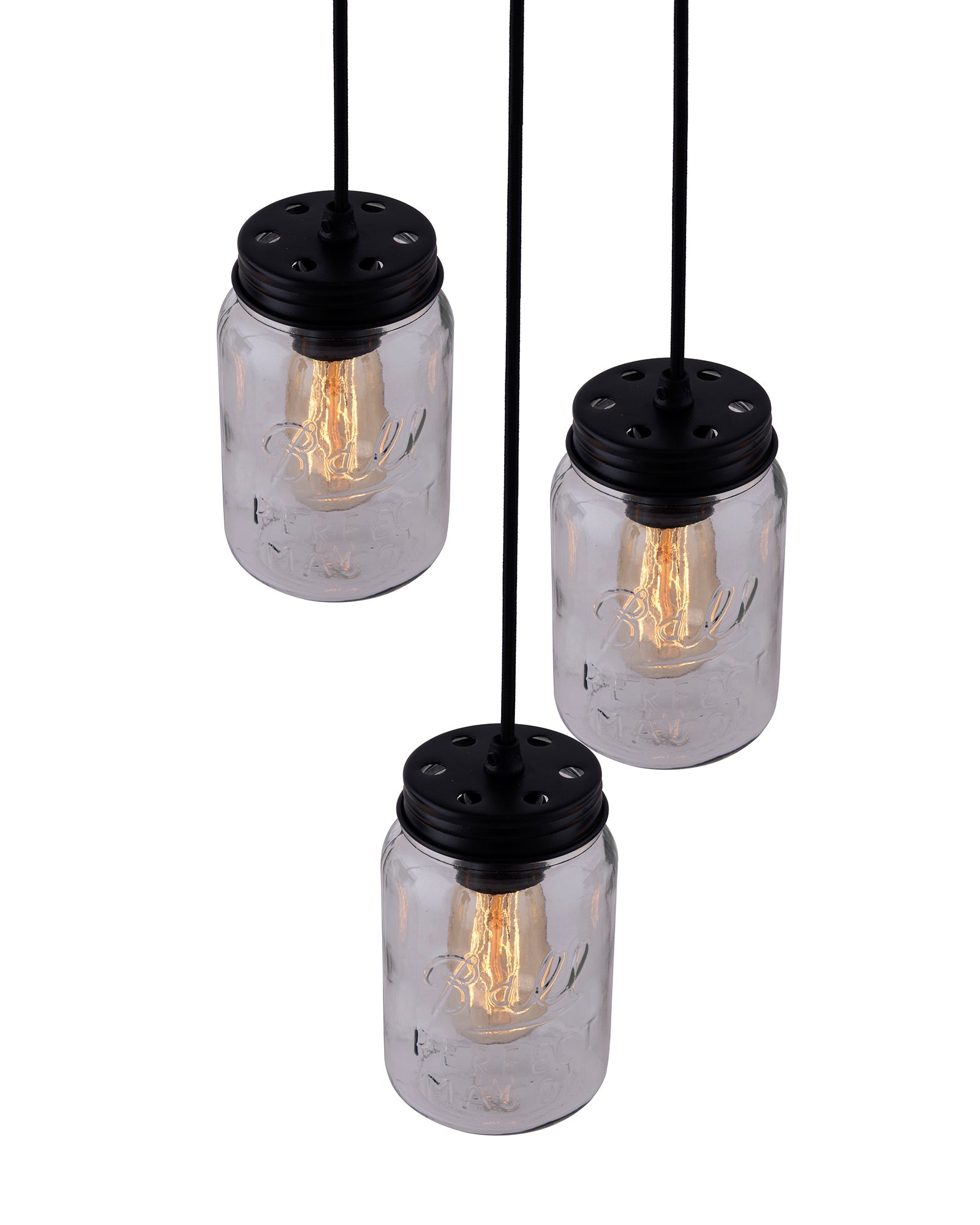 3-lights Cluster Chandelier Black Mason Jar Hanging Pendant Light with Braided Cord