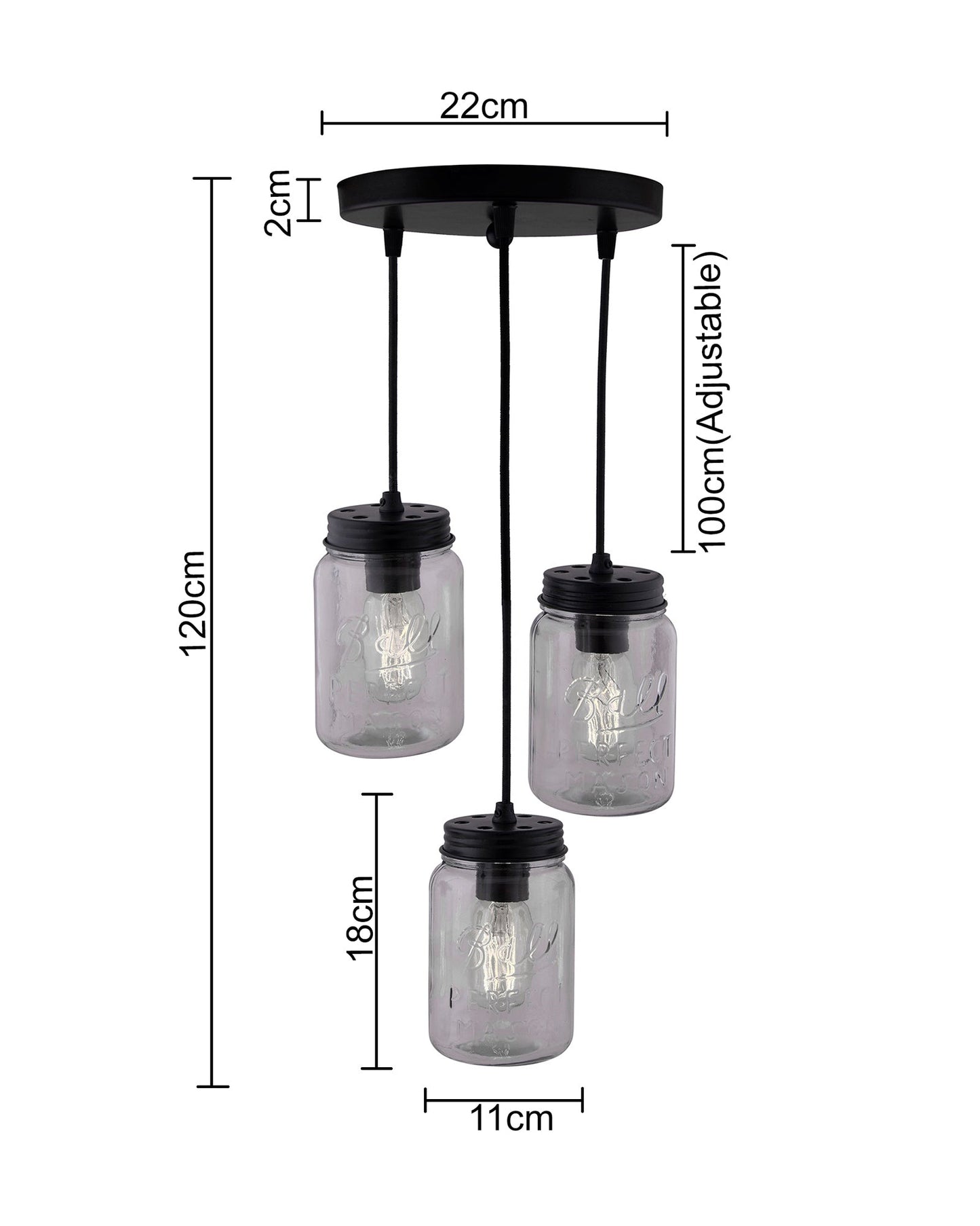 3-lights Cluster Chandelier Black Mason Jar Hanging Pendant Light with Braided Cord