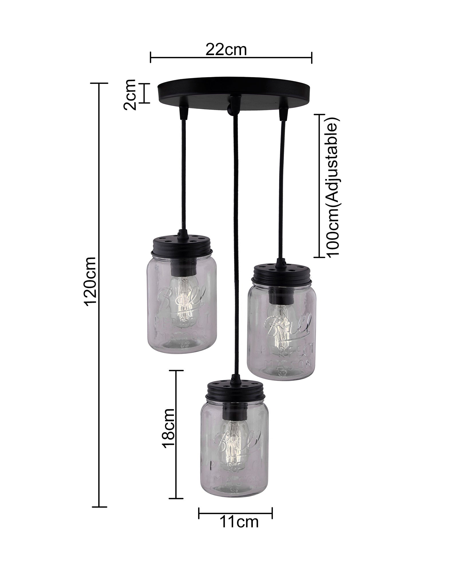 3-lights Cluster Chandelier Black Mason Jar Hanging Pendant Light with Braided Cord