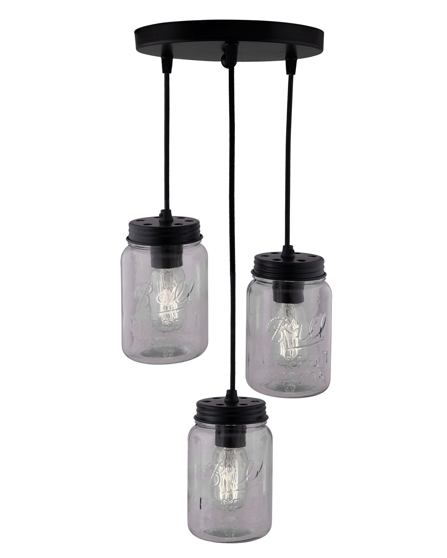 3-lights Cluster Chandelier Black Mason Jar Hanging Pendant Light with Braided Cord