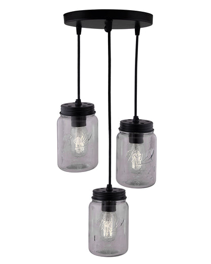 3-lights Cluster Chandelier Black Mason Jar Hanging Pendant Light with Braided Cord