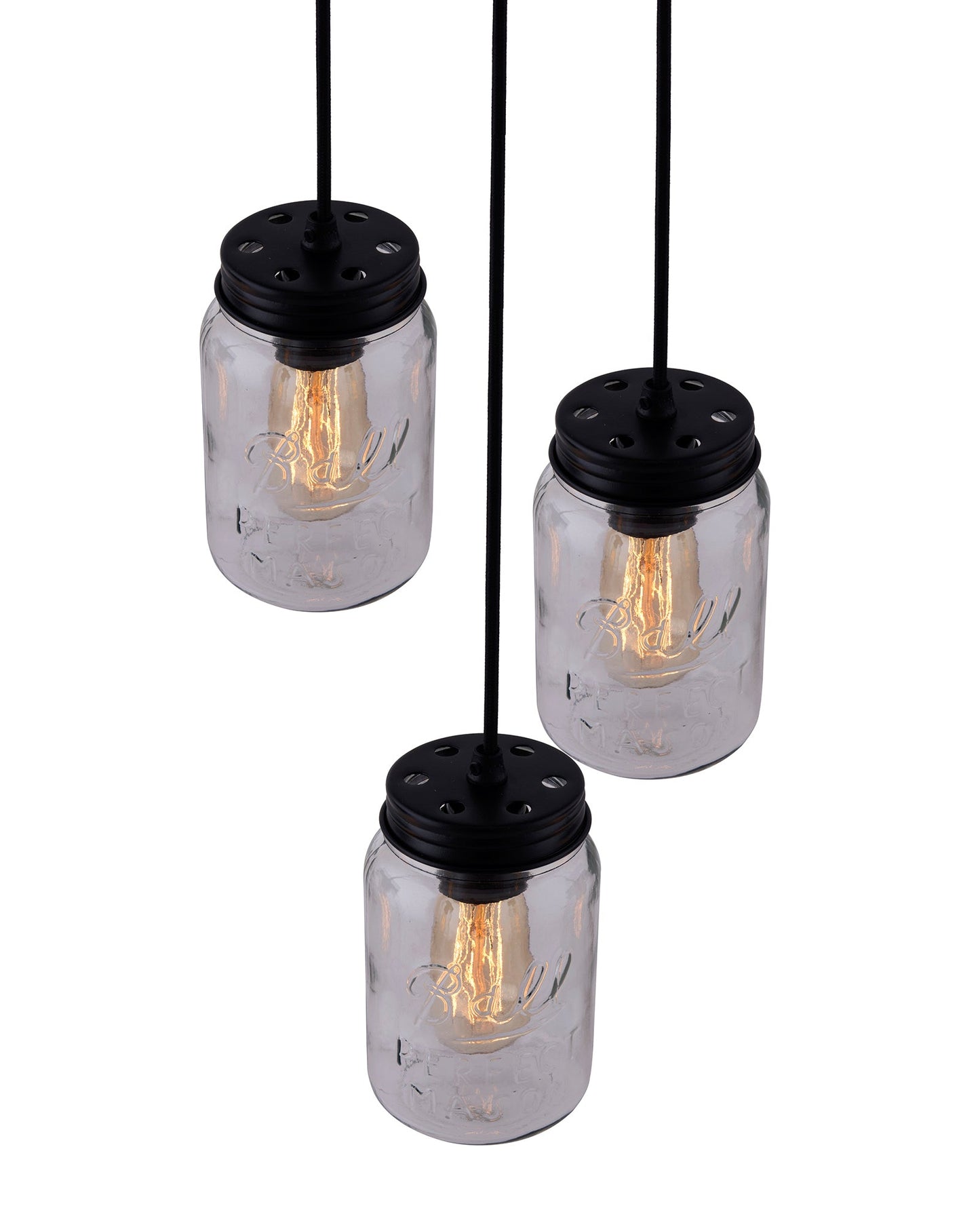 3-lights Cluster Chandelier Black Mason Jar Hanging Pendant Light with Braided Cord
