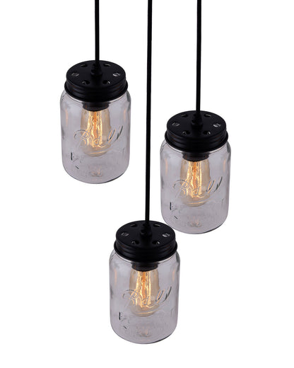 3-lights Cluster Chandelier Black Mason Jar Hanging Pendant Light with Braided Cord