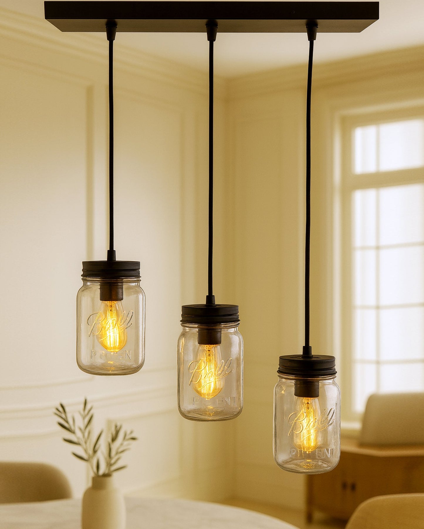3-lights Cluster Chandelier Black Mason Jar Hanging Pendant Light with Braided Cord