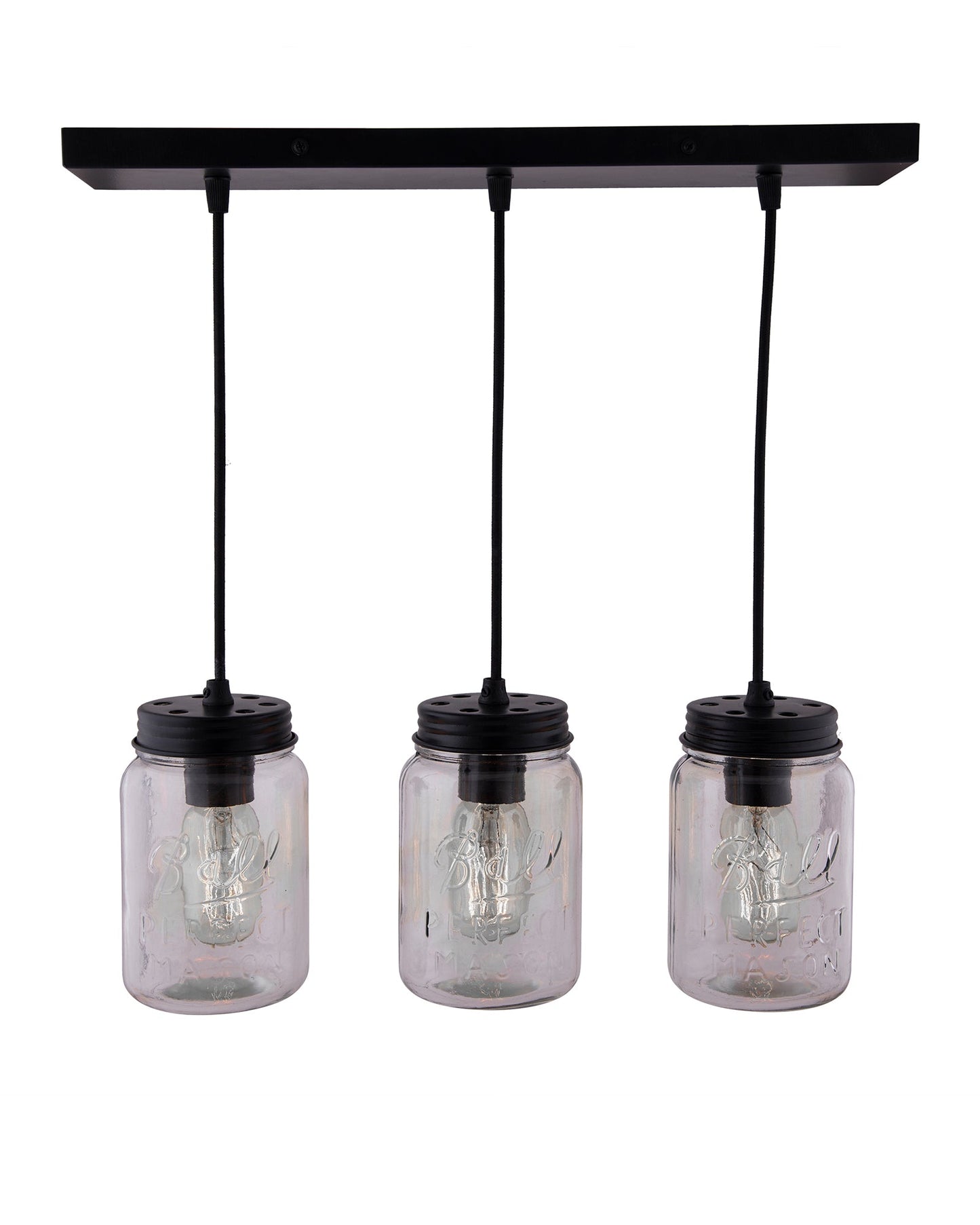 3-lights Cluster Chandelier Black Mason Jar Hanging Pendant Light with Braided Cord