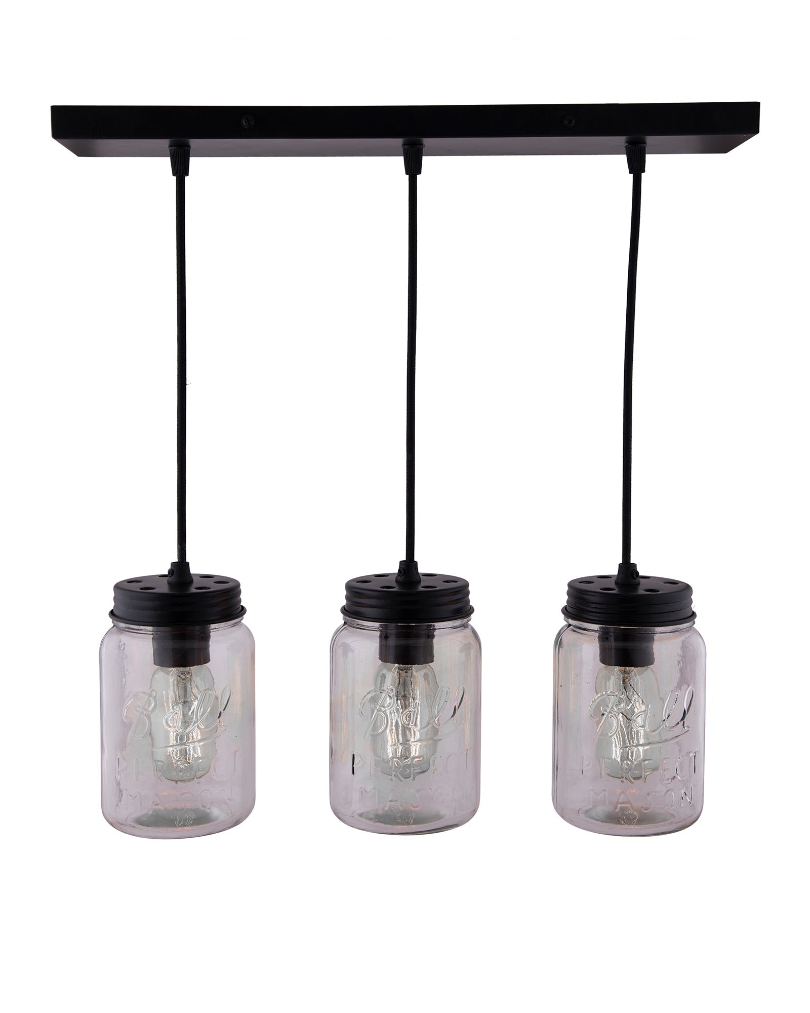 3-lights Cluster Chandelier Black Mason Jar Hanging Pendant Light with Braided Cord