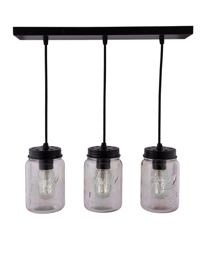 3-lights Cluster Chandelier Black Mason Jar Hanging Pendant Light with Braided Cord