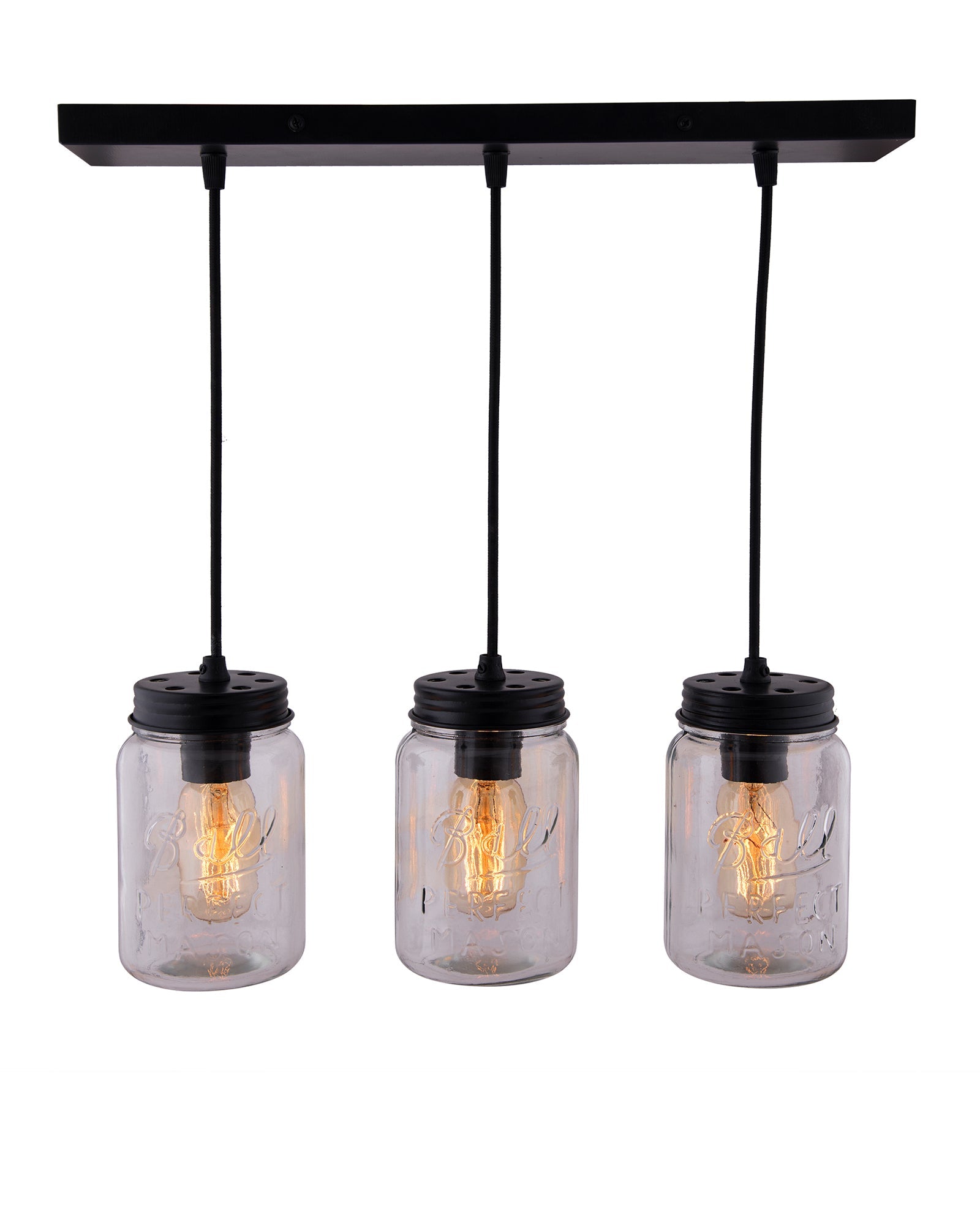 3-lights Cluster Chandelier Black Mason Jar Hanging Pendant Light with Braided Cord