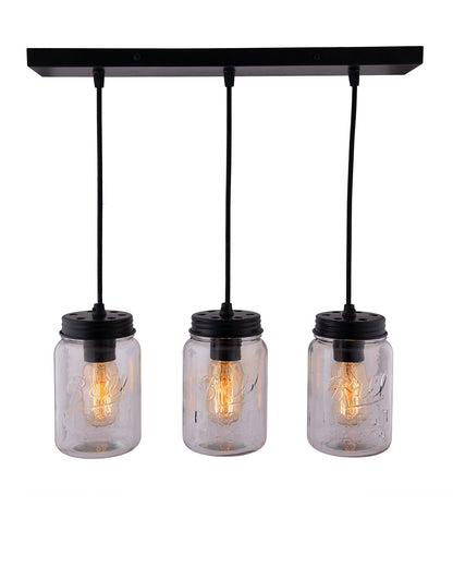 3-lights Cluster Chandelier Black Mason Jar Hanging Pendant Light with Braided Cord