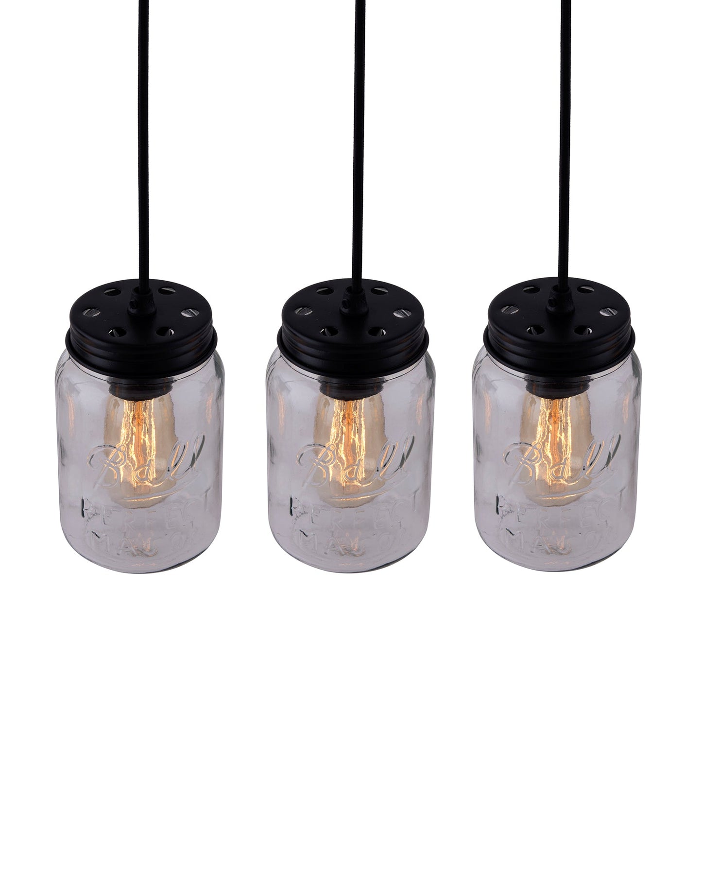3-lights Cluster Chandelier Black Mason Jar Hanging Pendant Light with Braided Cord