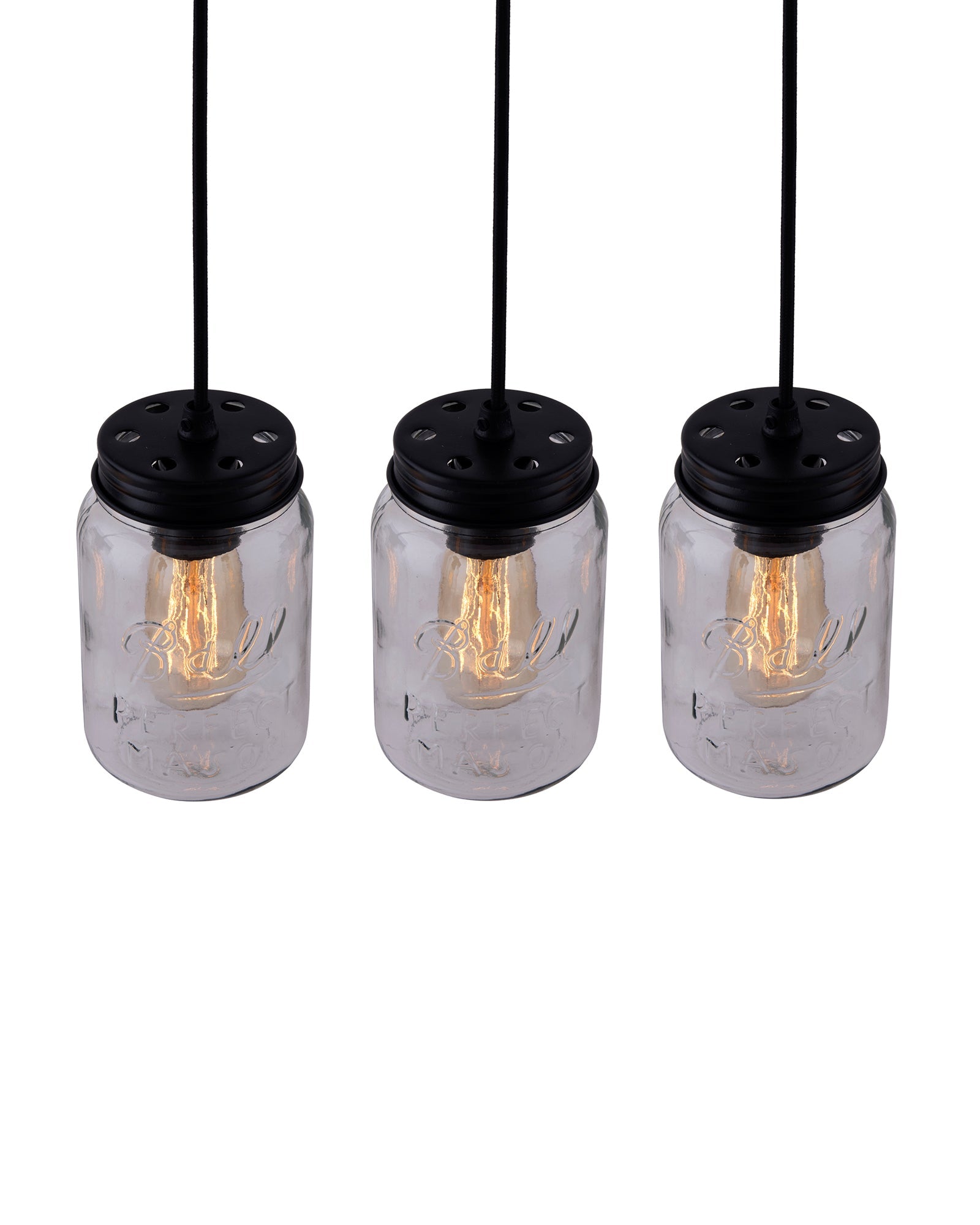 3-lights Cluster Chandelier Black Mason Jar Hanging Pendant Light with Braided Cord