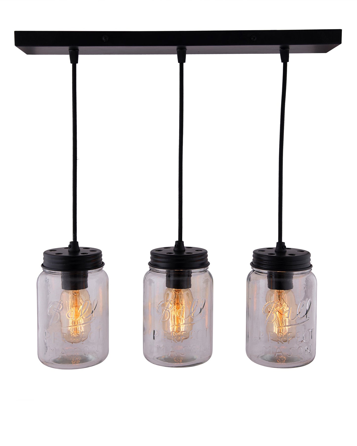 3-lights Cluster Chandelier Black Mason Jar Hanging Pendant Light with Braided Cord