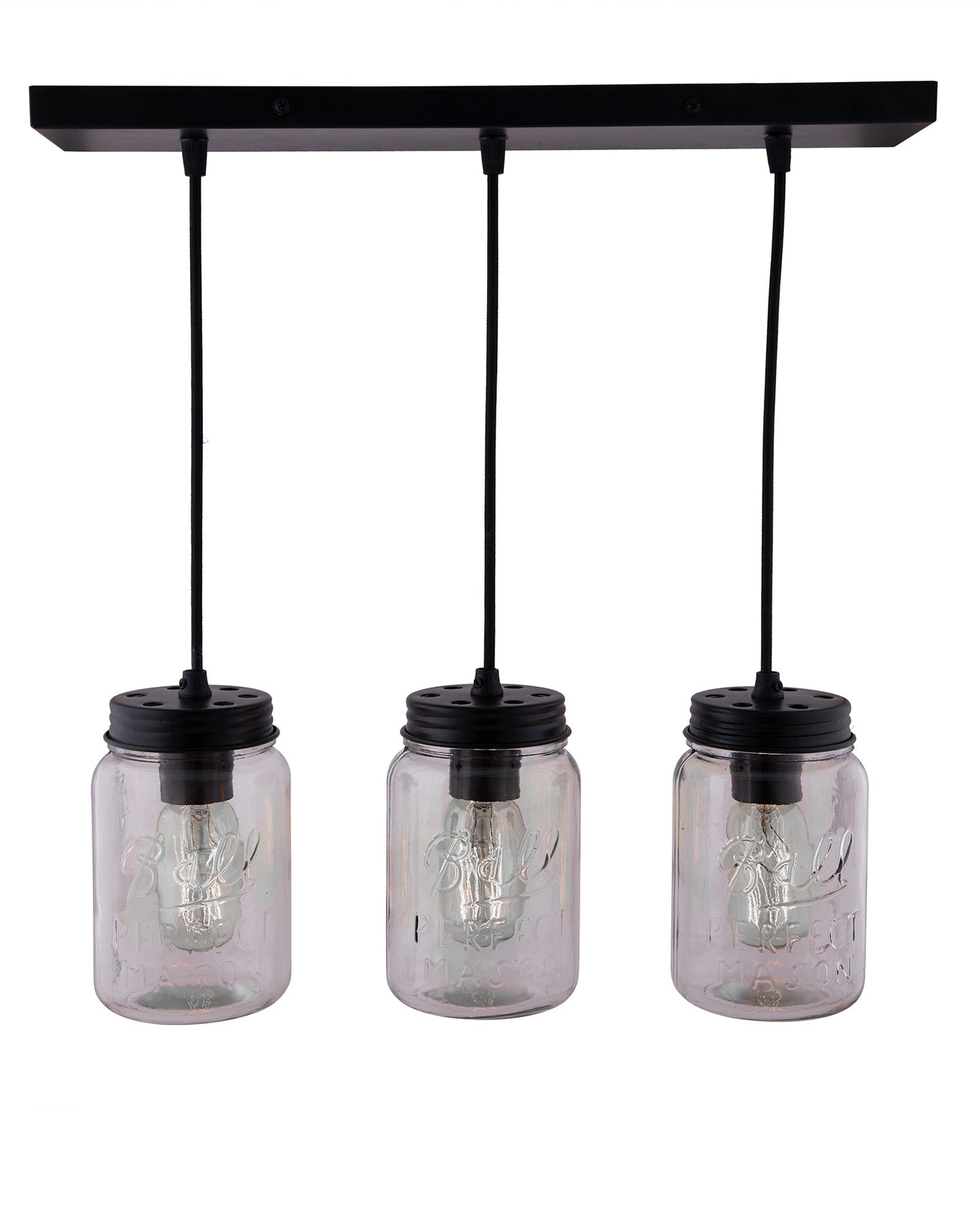 3-lights Cluster Chandelier Black Mason Jar Hanging Pendant Light with Braided Cord