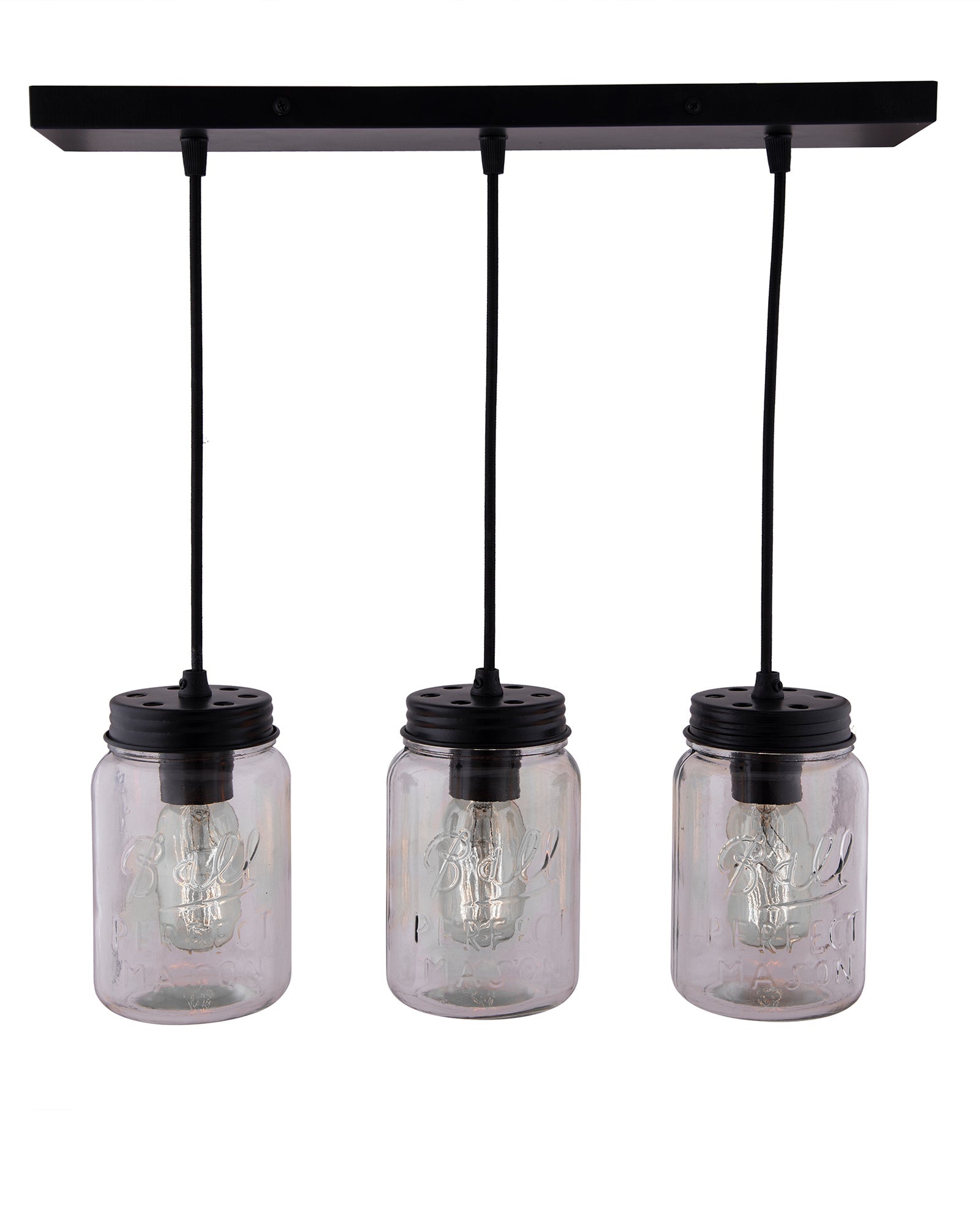 3-lights Cluster Chandelier Black Mason Jar Hanging Pendant Light with Braided Cord