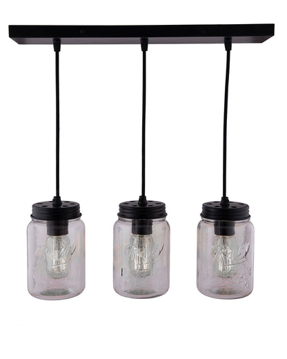 3-lights Cluster Chandelier Black Mason Jar Hanging Pendant Light with Braided Cord