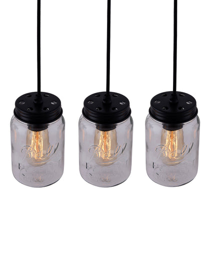 3-lights Cluster Chandelier Black Mason Jar Hanging Pendant Light with Braided Cord