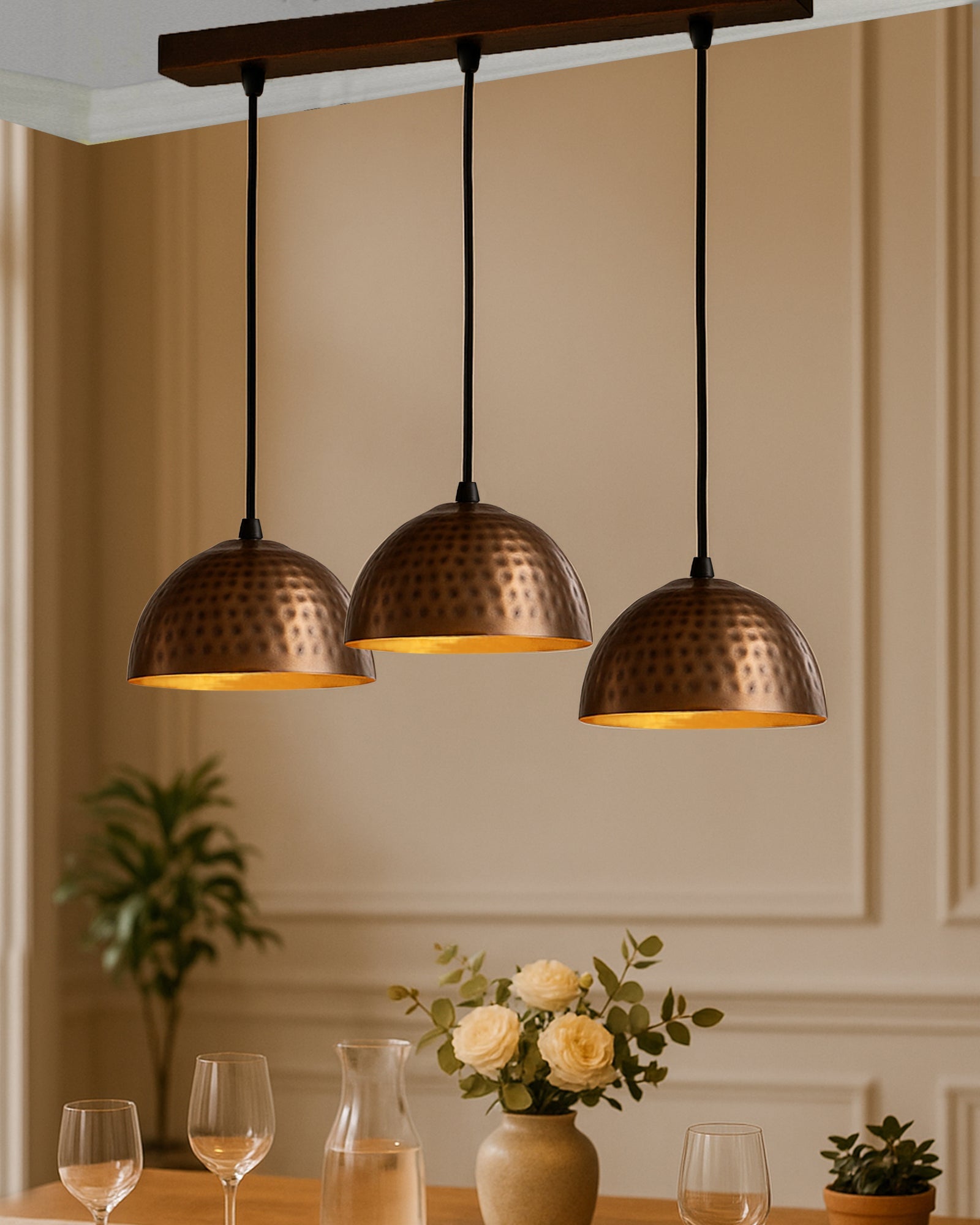 3-lights Linear Cluster Chandelier Antique Copper Hammered 8" Pendant hanging Pendant Light, kitchen area and dining room light