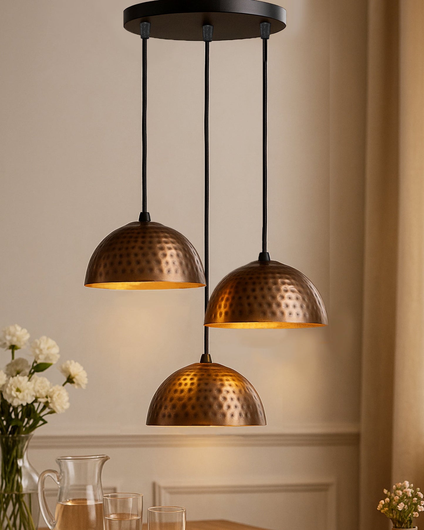 3-lights Cluster Chandelier Antique Copper Hammered 8" Pendant Hanging Pendant Light with Braided Cord