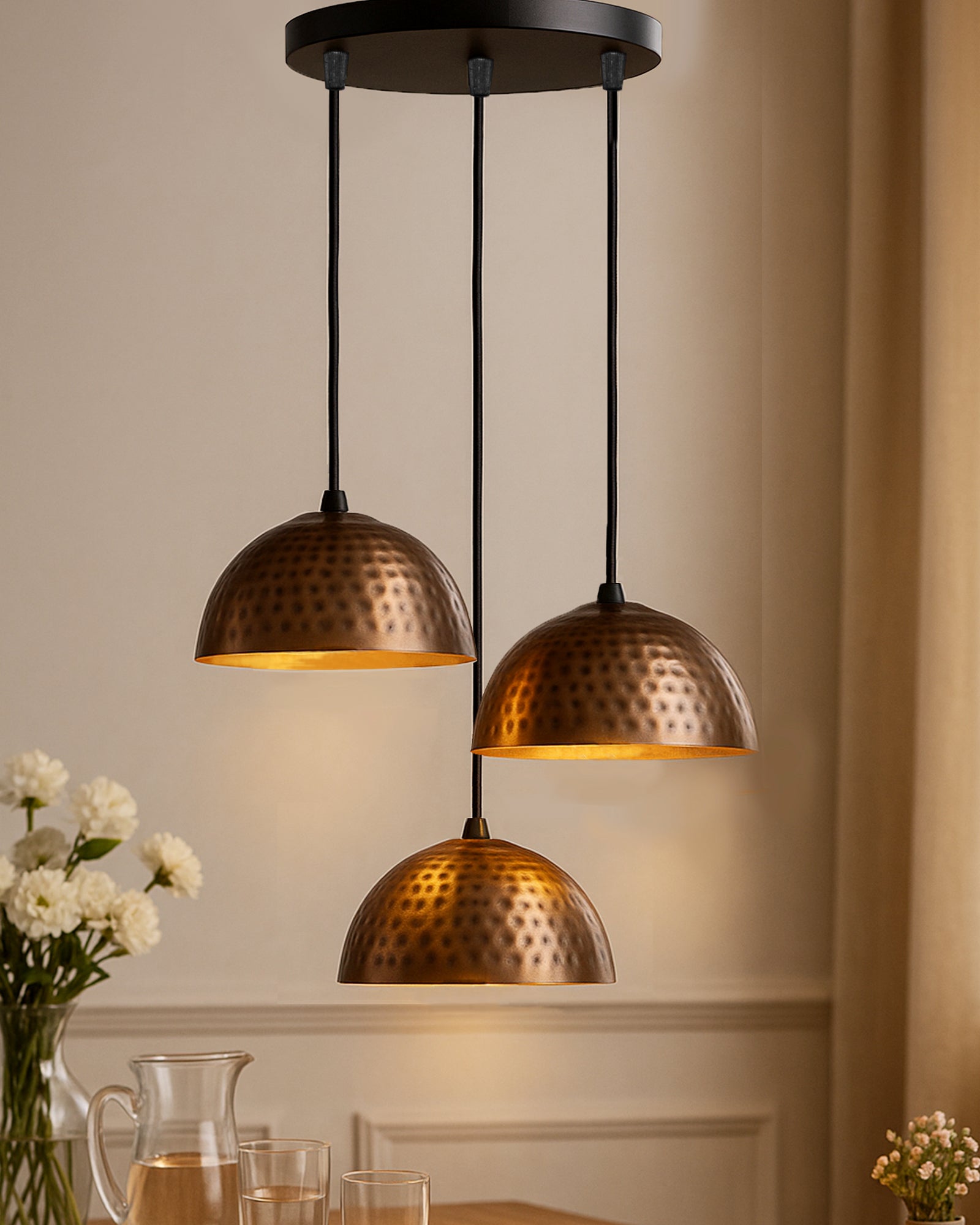 3-lights Cluster Chandelier Antique Copper Hammered 8" Pendant Hanging Pendant Light with Braided Cord