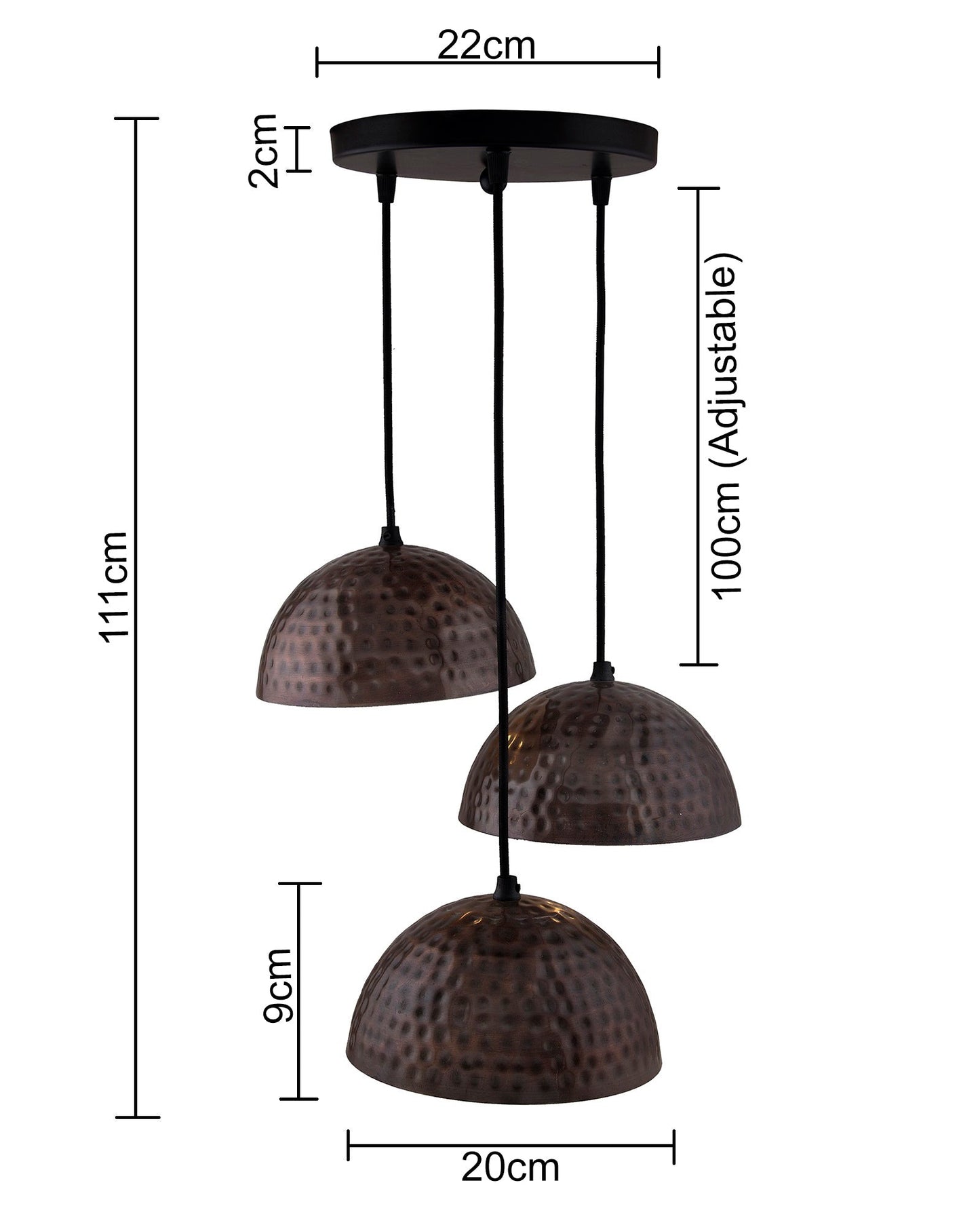 3-lights Cluster Chandelier Antique Copper Hammered 8" Pendant Hanging Pendant Light with Braided Cord