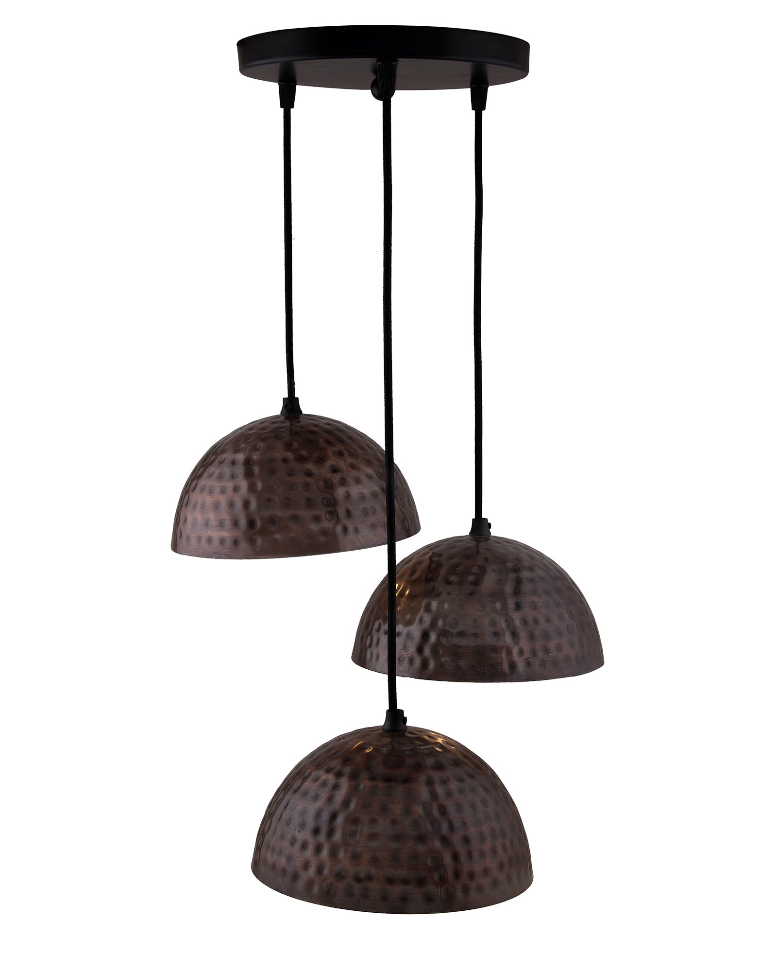 3-lights Cluster Chandelier Antique Copper Hammered 8" Pendant Hanging Pendant Light with Braided Cord