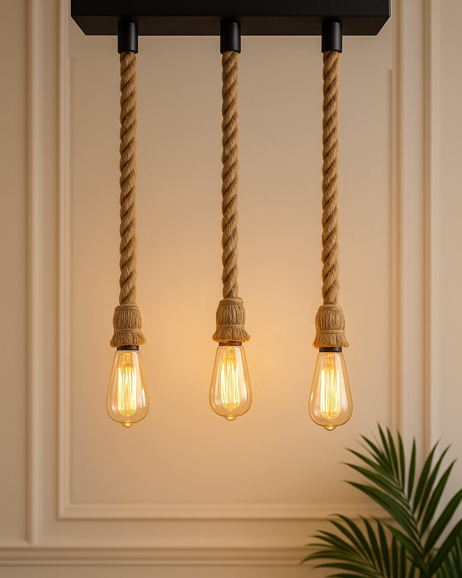 3-lights Linear Cluster Chandelier Edison Rustic Rope hanging Pendant Light, kitchen area and dining room light