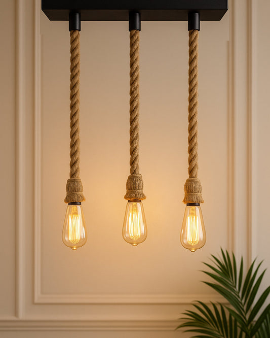 3-lights Linear Cluster Chandelier Edison Rustic Rope hanging Pendant Light, kitchen area and dining room light