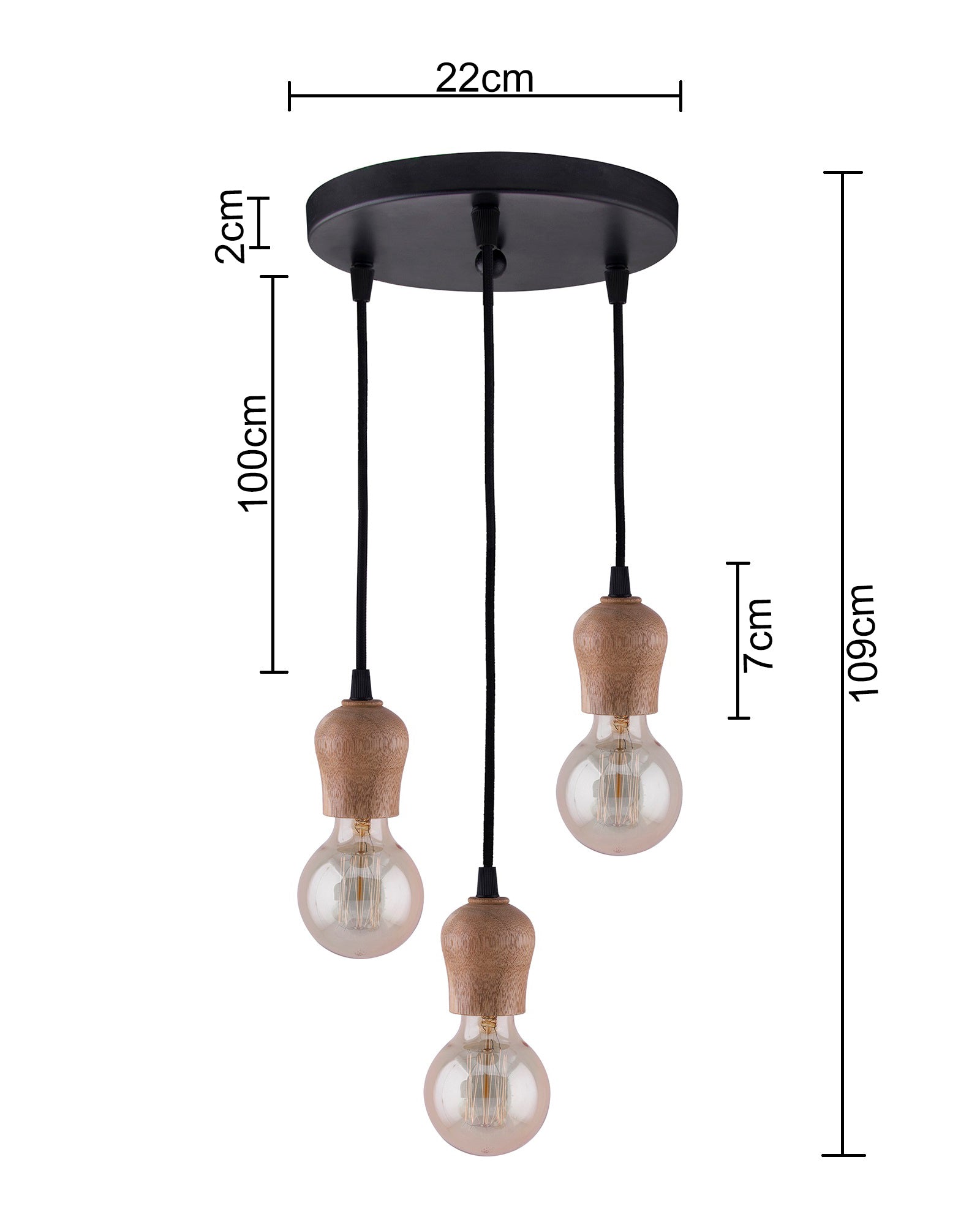 3-lights Round Cluster Chandelier Edison Filament Wooden Bubble holder Hanging Pendant Light with Braided Cord