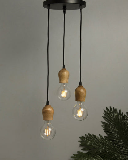 3-lights Linear Cluster Chandelier Edison Filament Wooden Bubble holder hanging Pendant Light, kitchen area and dining room light