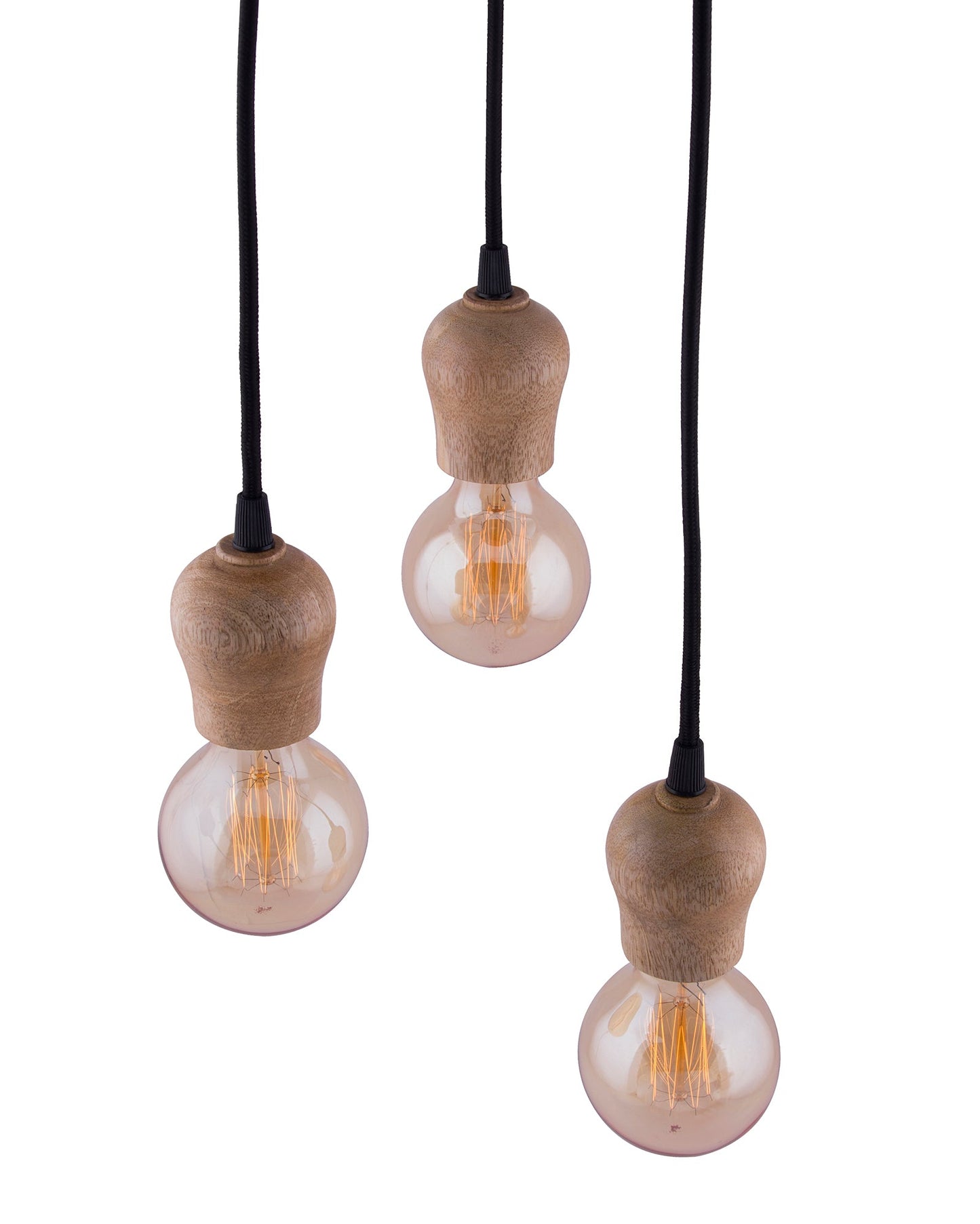 3-lights Round Cluster Chandelier Edison Filament Wooden Bubble holder Hanging Pendant Light with Braided Cord