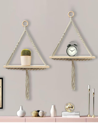Triangle Rope Hanging Shelves Set of 2, Wood Floating Shelf for Wall Décor Bedroom Bathroom Living Room, Display Shelving for Hanging Plants Photos