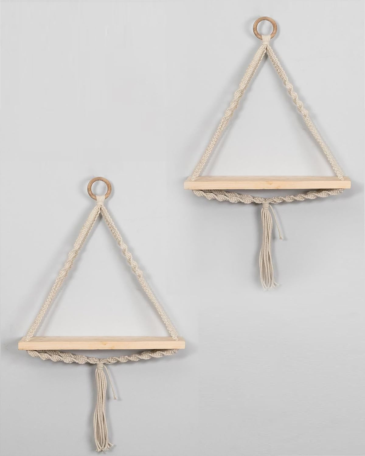 Triangle Rope Hanging Shelves Set of 2, Wood Floating Shelf for Wall Décor Bedroom Bathroom Living Room, Display Shelving for Hanging Plants Photos