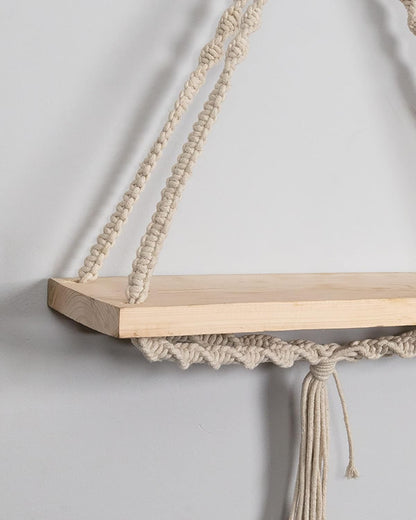 Triangle Rope Hanging Shelves Set of 2, Wood Floating Shelf for Wall Décor Bedroom Bathroom Living Room, Display Shelving for Hanging Plants Photos
