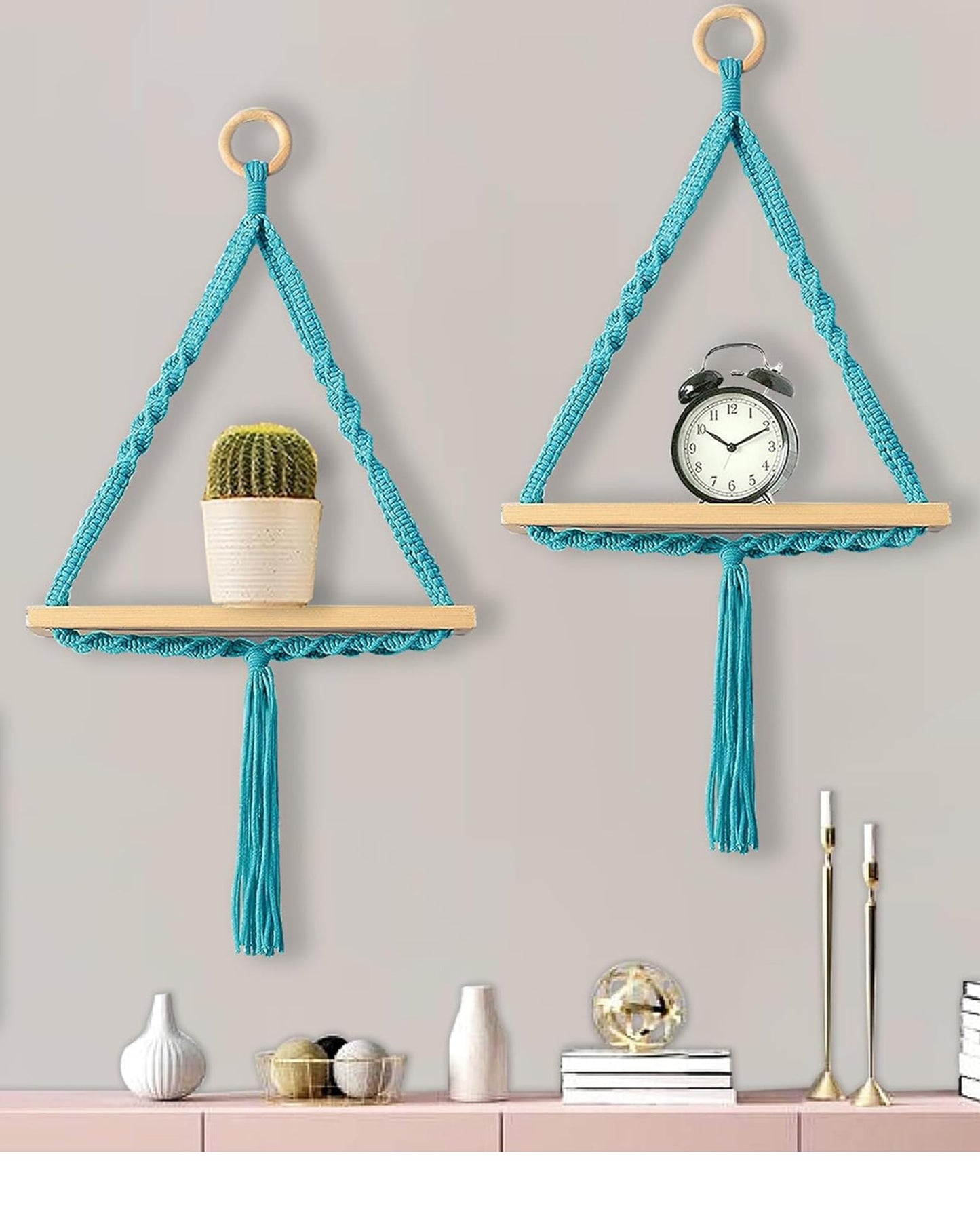Triangle Rope Hanging Shelves Set of 2, Wood Floating Shelf for Wall Décor Bedroom Bathroom Living Room, Display Shelving for Hanging Plants Photos